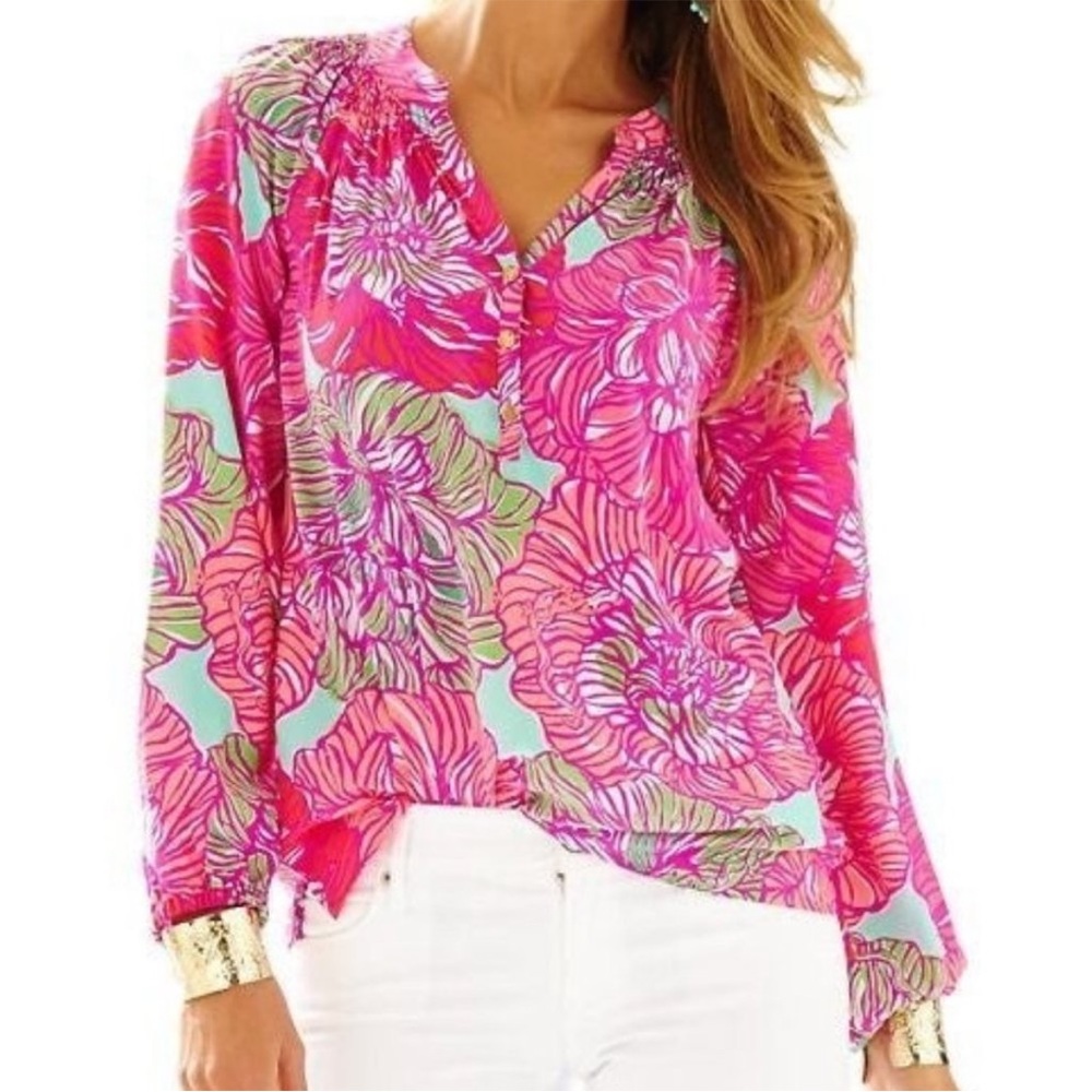 LILLY PULITZER Elsa Popover Oversized Top EUC in Worth It Print sz S